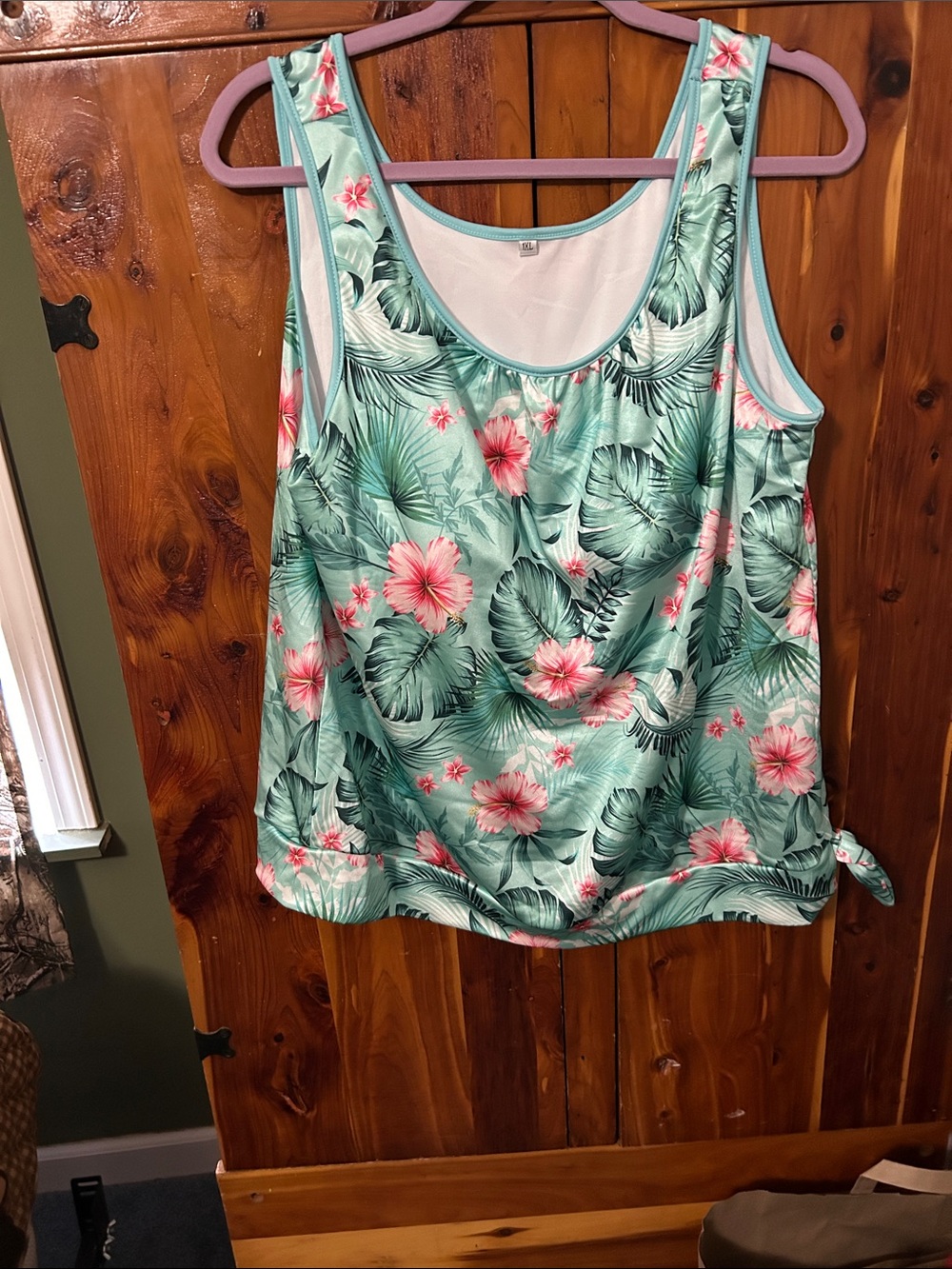 Women’s Mint Green Floral Swim Tank Top with Pink Hibiscus